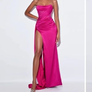 Strapless Fuchsia Maxi Dress with High Thigh Slit